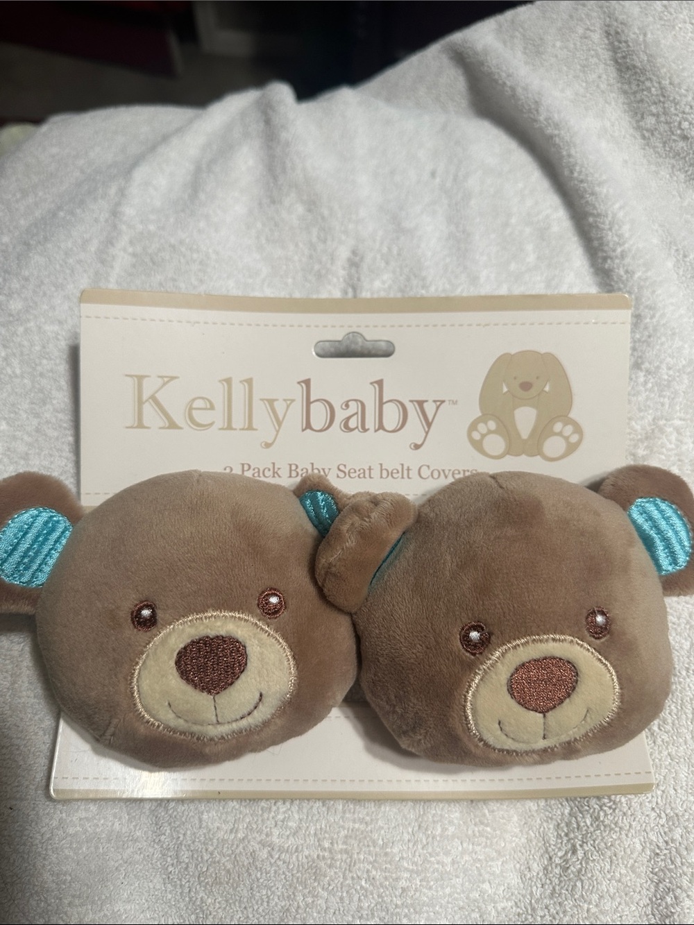 Kellybaby Brown Bear Plush Seat Belt Cover with Teal Ear Accents
